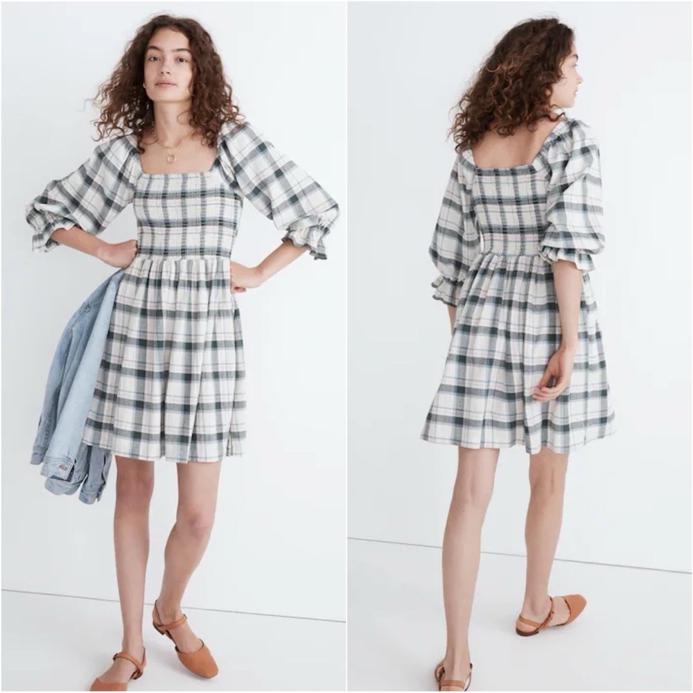 Madewell Dress Lucie Elbow-Sleeve Smocked Mini Lebaum Plaid Antique Cream Sz L